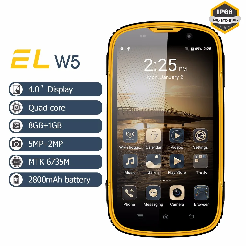 EL W5 4G мобильный телефон 4 0 дюйм(ов) MTK6735 четыре ядра 1 ГБ + 8 сотовые телефоны IP68 Dual Sim