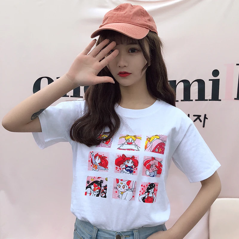2020 Женская японская Милая кавайная Ulzzang хлопковая свободная футболка с