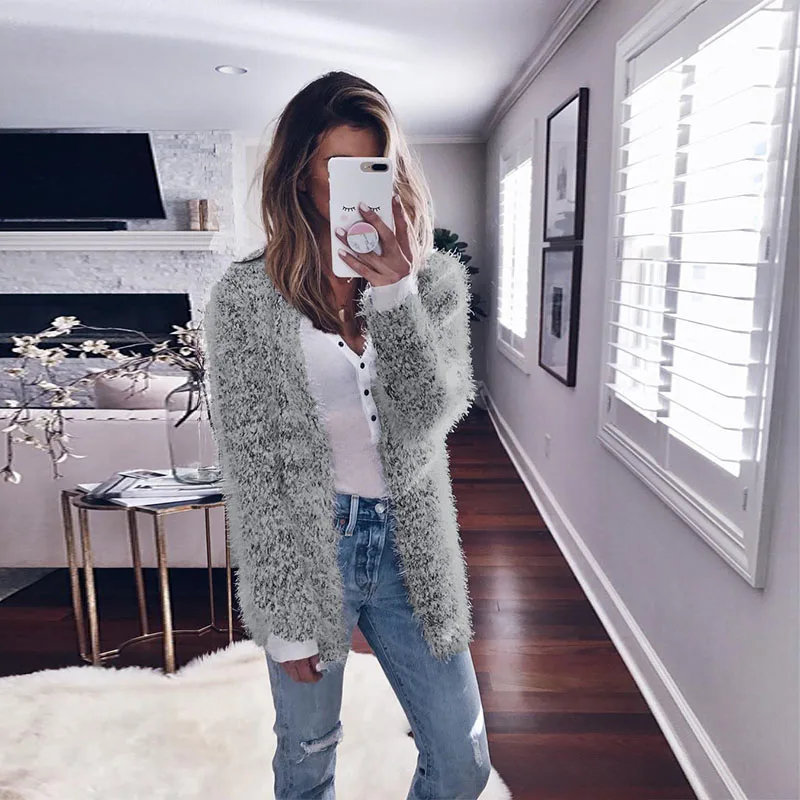Women Autumn Winter Grey Wool Overcoat Warm Outerwear Pink Fur Coat Turn Down Collar Long Sleeve Cardigan Female Outwear |