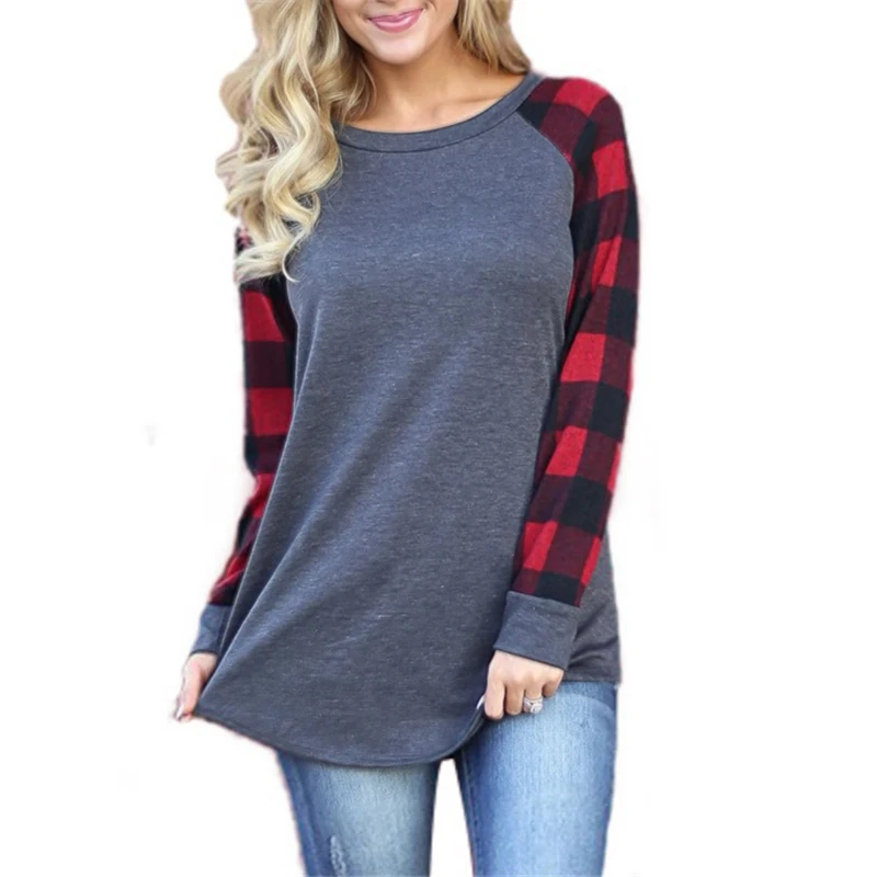 2019 Women Fashion Plaid Patchwork Long Sleeve Sweatshirts O Neck Pullover Tops Casual Loose Thin Sweatshirt 5XL Hoodies | Женская