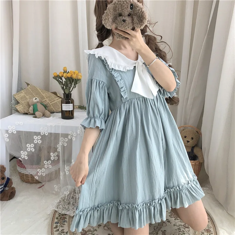 Для женщин платья Ins для девочек Kawaii Ulzzang милое платье с воротничком куклы милые