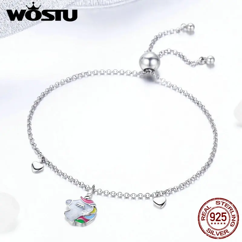 WOSTU, новинка, 925 пробы, серебряный, единорог, цепочка, регулируемый браслет для женщин, женская мода, S925 серебро, ювелирное изделие, подарок CQB106