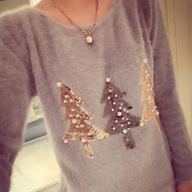 2015 New Year Christmas 3Colors Women Sequins Bead Mohair Knitted Winter Warm Dress Crochet Sweater Pullover Jersey Mujer 353# | Женская
