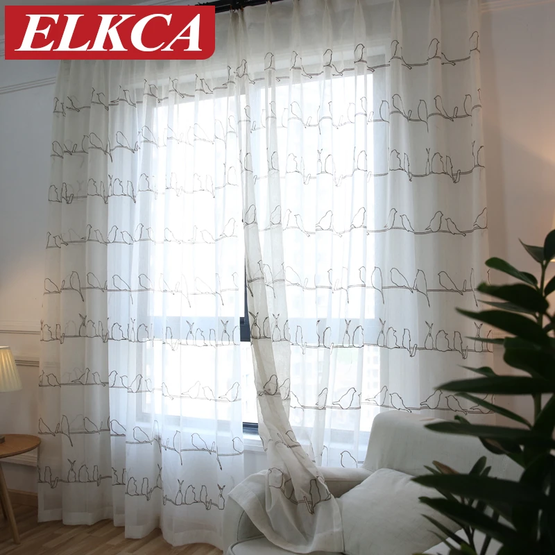 Korean Birds Embroidered Tulle Curtains for the Bedroom Faux Linen Sheer Living Room Ready Made Kitchen | Дом и сад