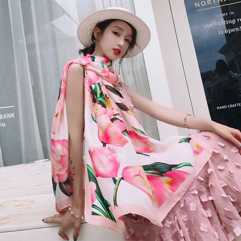 KOI LEAPING new fashion flower pattern scarves female outside holiday silk scarf beach towel Sunscreen long gift |