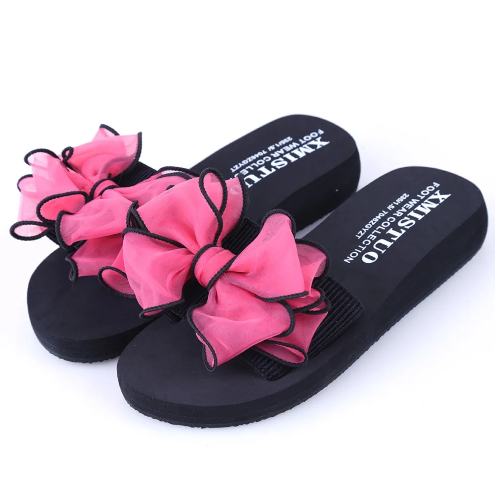 Новые летние сандалии Женские шлепанцы на нескользящей платформе с бантом