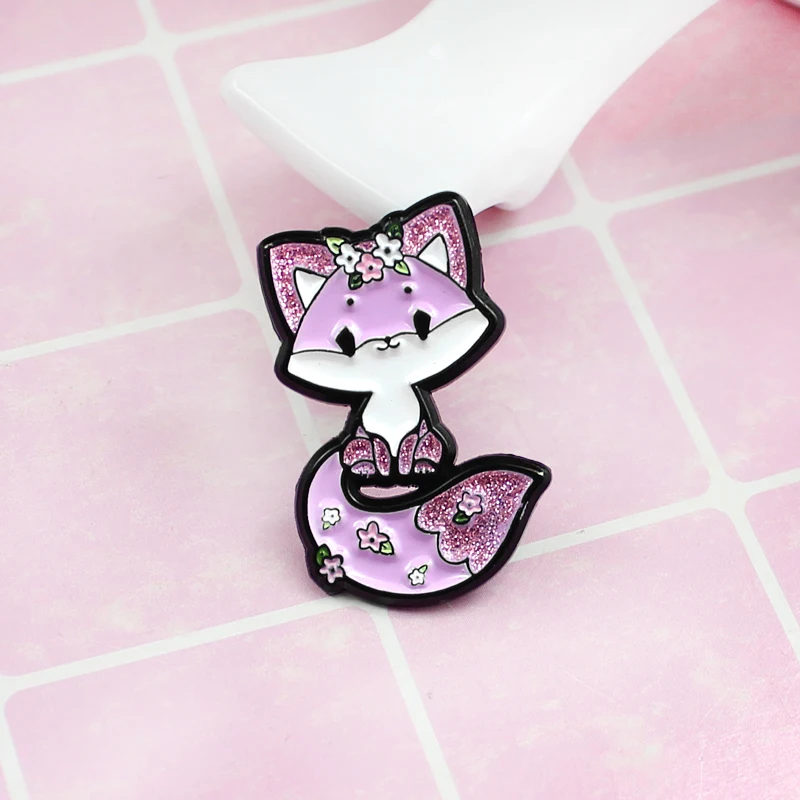 Лисий эмаль брошь с цветочной головкой фиолетовая Лисичка и хвост симпатичные