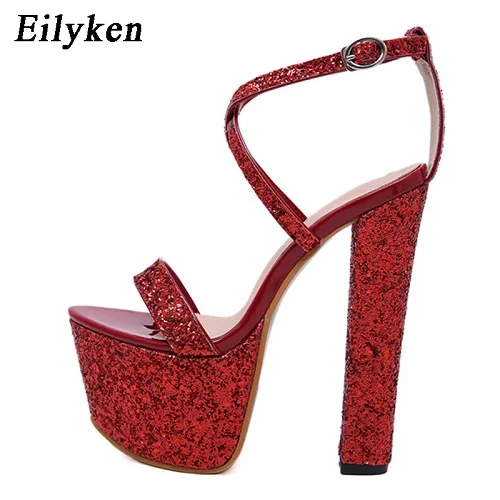 Red Eilyken; Модные женские босоножки на очень высокой платформе; туфли на шпильках с пряжкой на ремешке; пикантные женские свадебные босоножки серебристого цвета с блестками - Цвет: Red