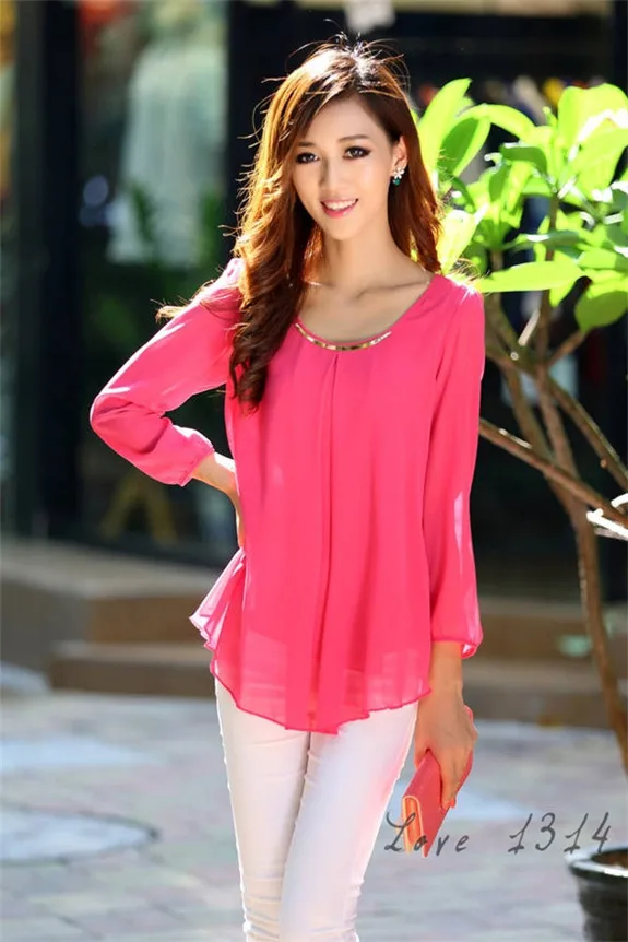 New CHIC 2015 Shirts Plus Size Casual Long Sleeve Chiffon Blouse For Women Blusas Sequined O-neck Blouses Yellow Rose SV007480 |