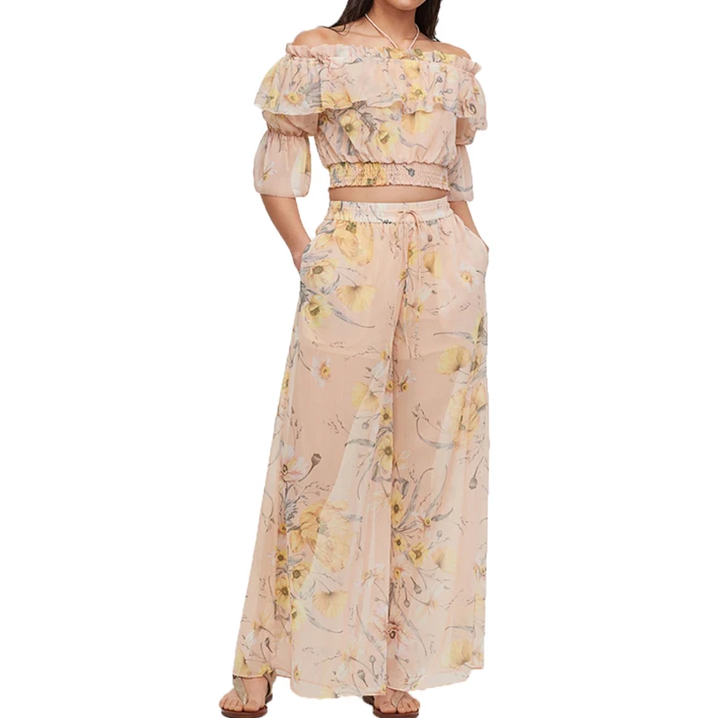 Летний комплект из двух предметов топ и брюки повседневный с принтом женский