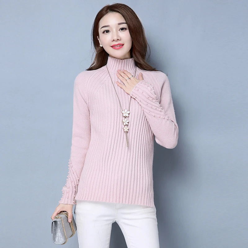 Women Autumn &amp Winter high collar sweater Ladies thick warm plain turtleneck pullovers long sleeve with beading | Женская одежда