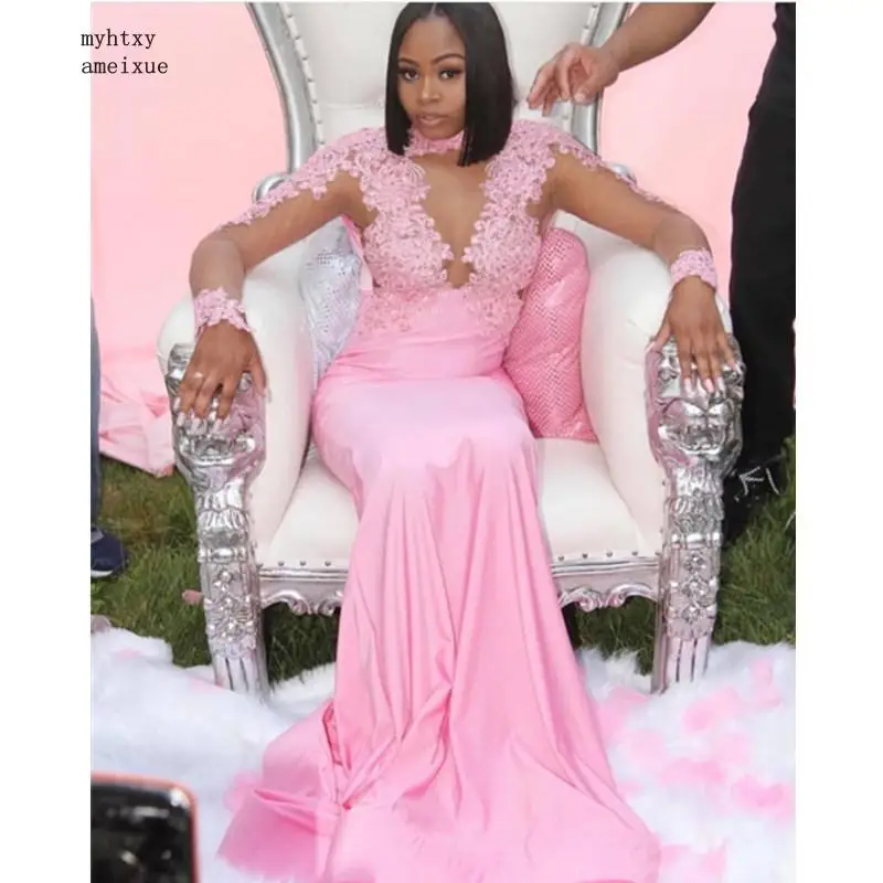 

Vestidos De Gala Lace Appliques Mermaid Evening Dress 2020 Sheer Long Sleeve O Neck Prom Dress Cheap Plus Size Formal Dresses