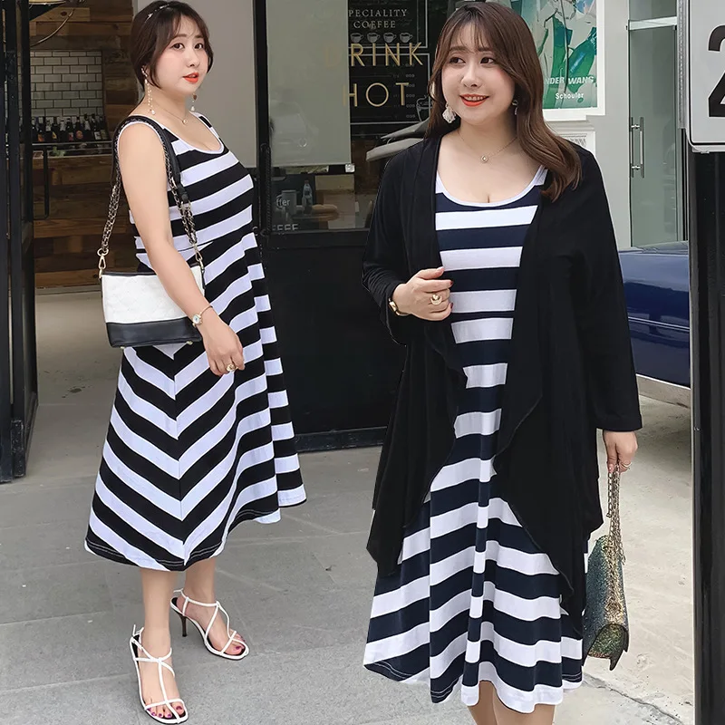 Женский комплект летней одежды платье в полоску на бретельках и асимметричный