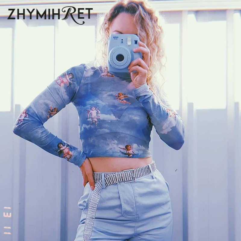 Женская футболка с длинным рукавом ZHYMIHRET осенняя Сетчатая принтом Cupid|Футболки| |