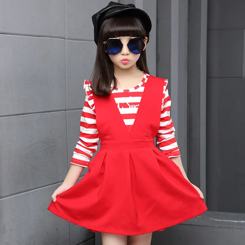 Новинка осени 2019 детские футболки в полоску + платье-жилет комплекты из двух