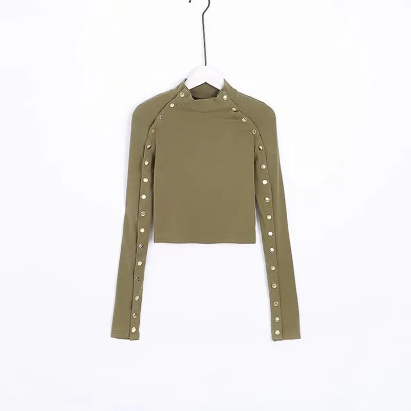 2019 women clothing long sleeve stand collar button solid short T-Shirt crop Top Female sexy fashion slim pure cotton Tees C3197 | Женская