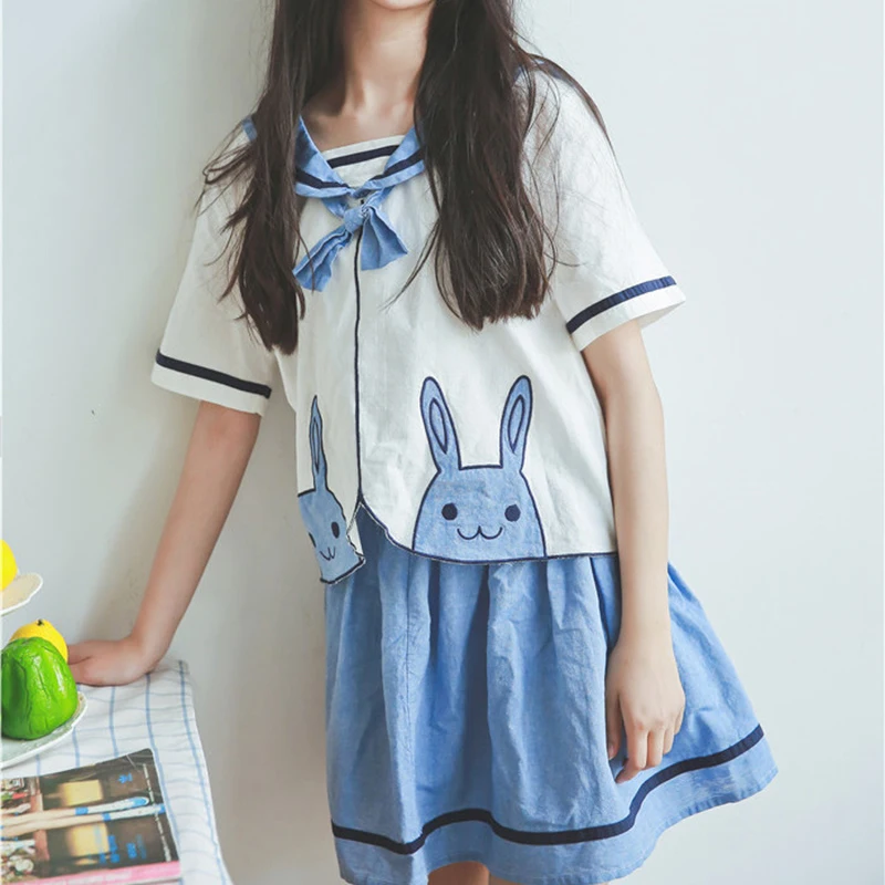 Женское платье в стиле Харадзюку летнее школьное с бантиком и матросским