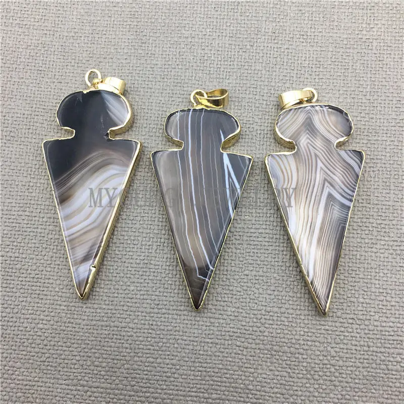 

MY0308 Round Arrowhead Banded Onyx Pendant,Fashion Lace Arrow Agates Stone Pendant,Pure Gold Color Edge for Jewelry Making