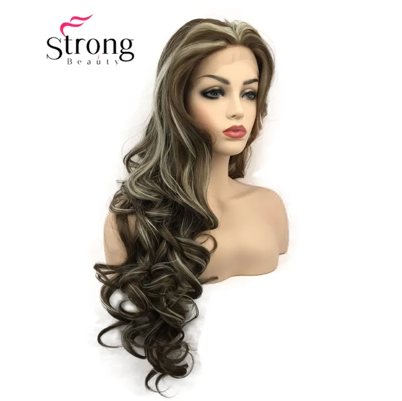StrongBeauty парики на кружеве для женщин коричневый микс Glueless длинные волнистые синтетические термостойкие волосы парик выбор цвета