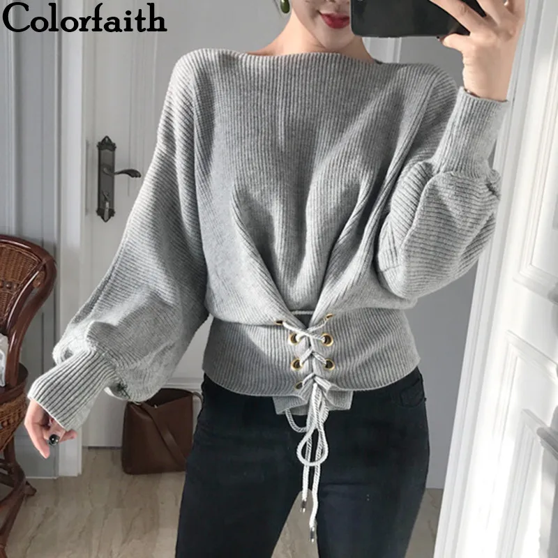 Colorfaith Women Pullovers Sweater New 2019 Knitting Autumn Winter Fashion Lace Up Short Casual Streetwear Ladies Tops SW52770 | Женская