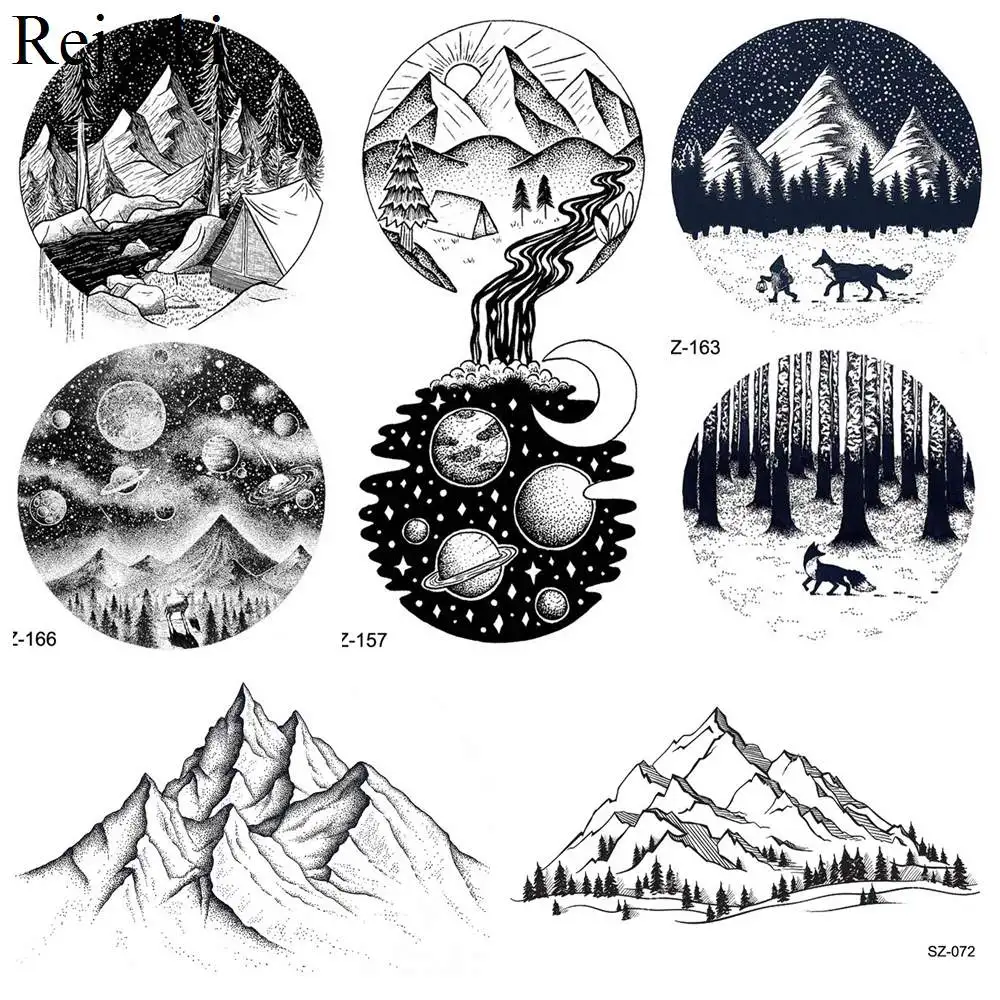 

Black Round Mountain River Temporary Tattoo Stickers Women Body Arm Timber Small Fake Tatoos Men Ankle Waterproof Tattoo 3D Moon