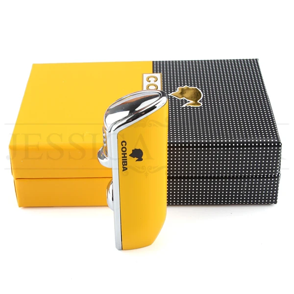Yellow With Box COHIBA металлическая ветрозащитная Мини карманная сигарная зажигалка, 3 струйный синий фонарь, зажигалки для сигарет с сигарой, подарочная коробка - Цвет: Yellow With Box