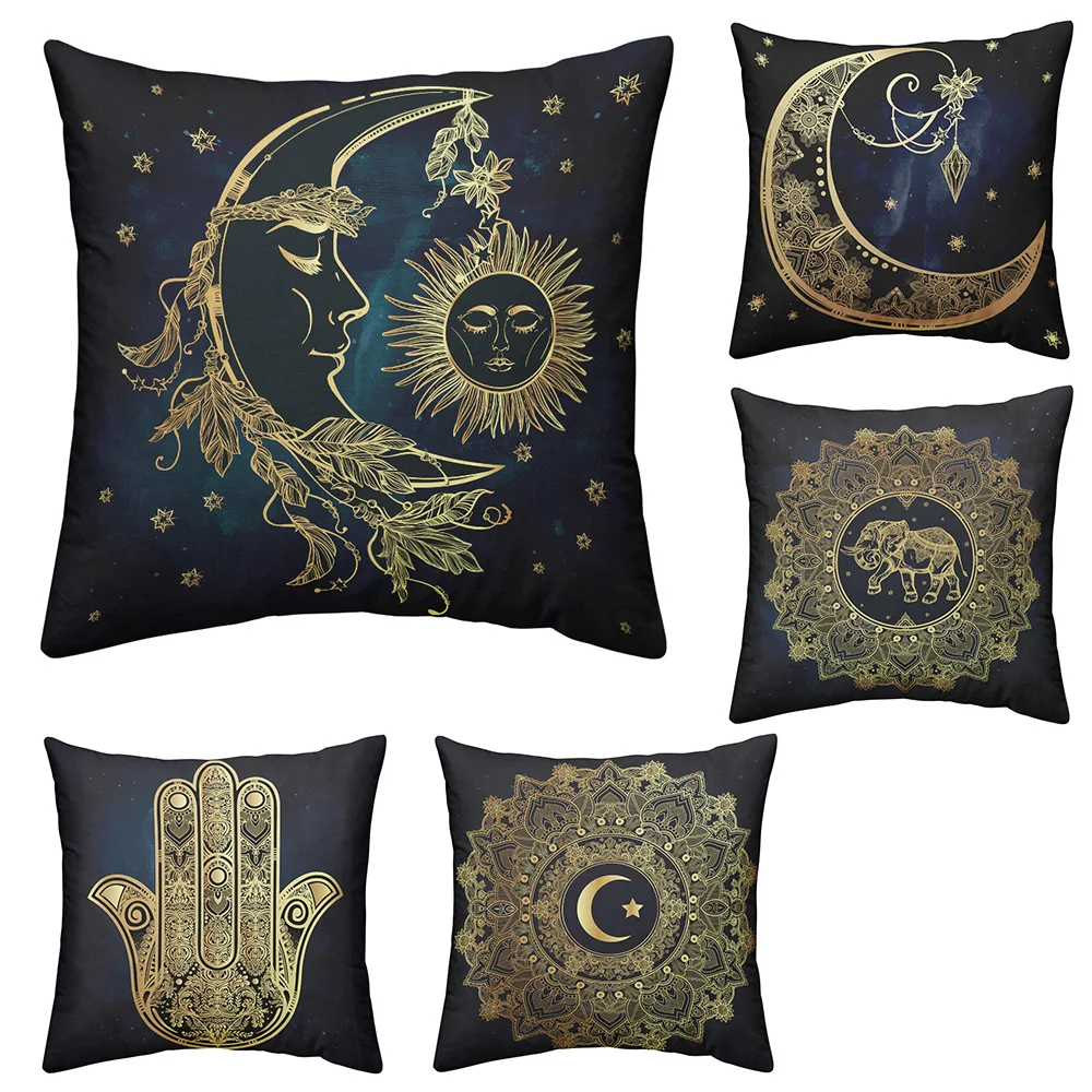 Черный золотой чехол для подушки богемная Луна Звезда Мандала Пледы Подушки