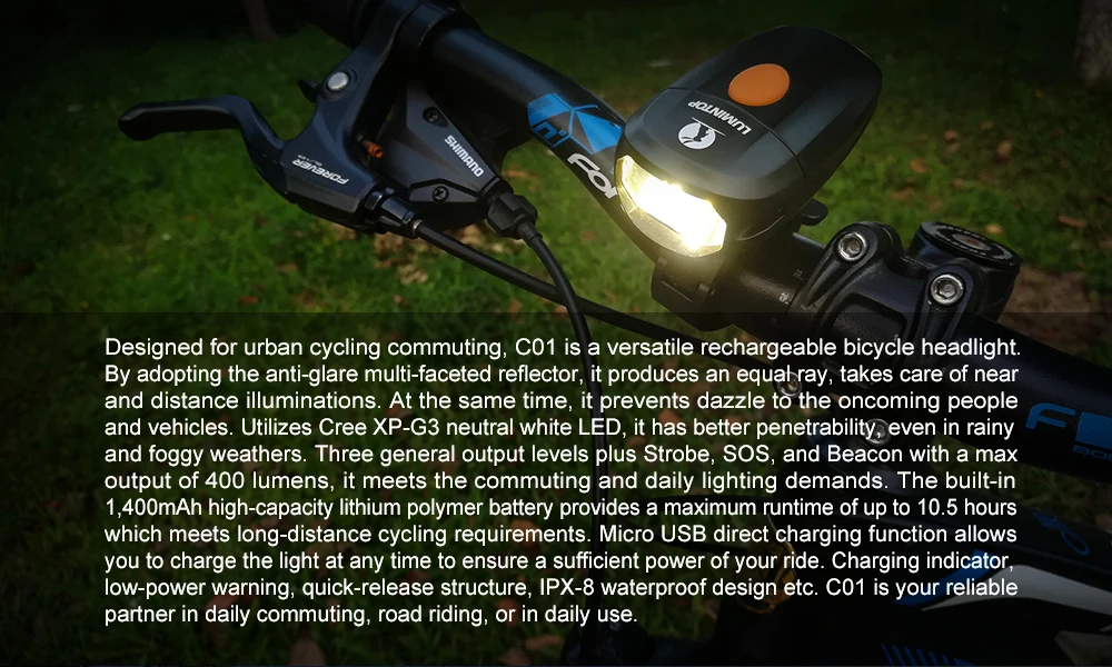 Светильник для велосипеда LUMINTOP C01 с подзарядкой от USB, антибликовый вращающийся на 360 градусов велосипедный светильник со съемным и регулируемым креплением для велосипеда