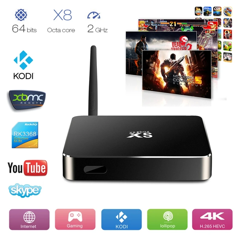 XS-RK3368 Smart Android 5.1 TV Box RK3368 Quad Core 1.5GHz 1G/8G H.265 XBMC DLNA Miracast WiFi Bluetooth TF Card Slot Dual USB |