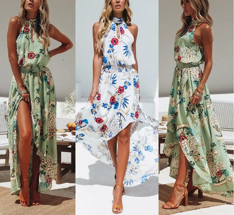 Женское длинное платье без рукавов Boho Пляжное с цветочным принтом и Боковым