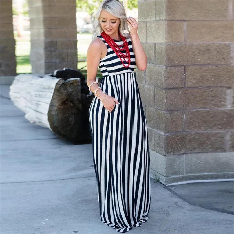 Женское летнее макси платье 2019 Новое поступление без рукавов Полосатое с круглым