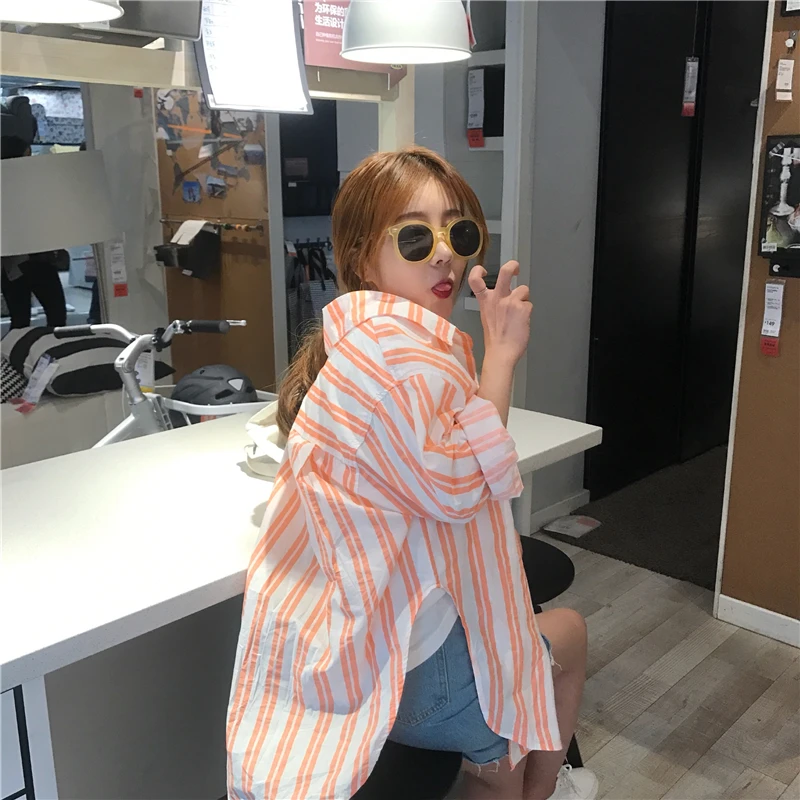 Fresh Orange Striped Long Sleeve Shirt Women Tops Kawaii Summer Blouse Boyfriend Chemise Femme Camicia Donna Blusa Mujer Camisa |