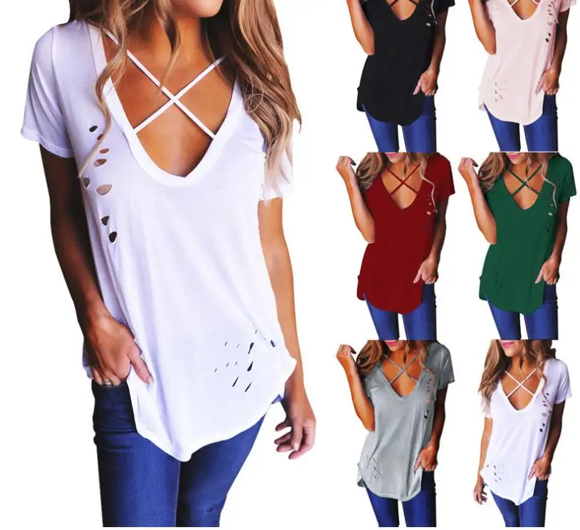 

2022 Summer T Shirt Women Sexy Holes V Neck Cross Ripped T-Shirt Bandage Tops Basic Tee Shirt Femmale Polera Mujer S-XXL new