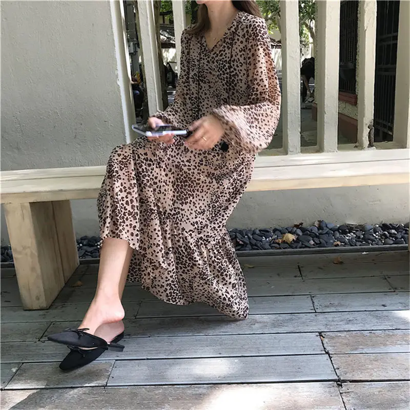 HziriP Women New Elegant Long Shirt Dress 2018 Autumn Leopard Sleeves Party Loose Versatile Chiffon Dresses Send Sling | Женская одежда