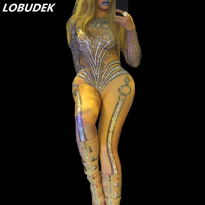 

Sparkly Crystals 3D Printing Elastic Jumpsuit Skinny Female Singer Models Catwalk Show Costume Nightclub Dancer Stage Costumes