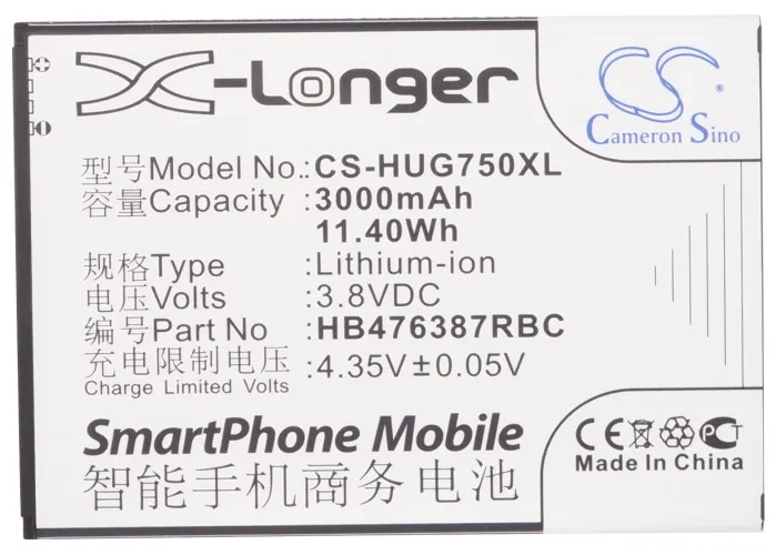 Cameron Sino Высококачественная батарея 3000 мАч HB476387RBC для Huawei Ascend G750 T00 T01 T20 B199 Glory 4 Honor