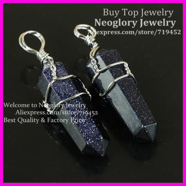 

10pcs Natural Hexagonal Prism Beads Healing Point Blue Sand Gems Pendant Druzy Quartz Pendant Silver Wire Wrapped Pendant
