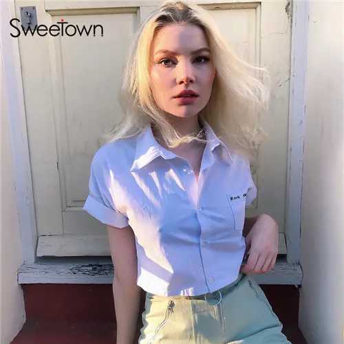 white Sweetown белая Повседневная Блузка с вышивкой, женские однобортные Блузы с отложным воротником, женские летние топы в английском стиле - Цвет: white