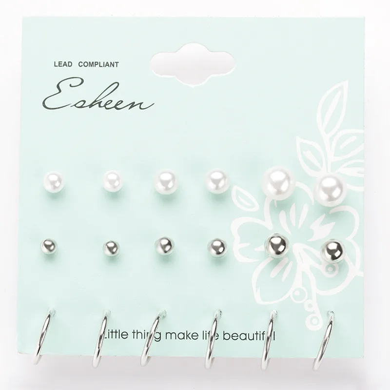 Женские серьги-гвоздики серебристого цвета 9 пар | Украшения и аксессуары