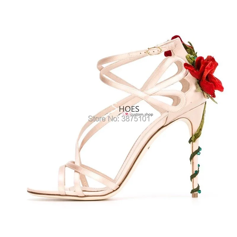 

Sweet Red Rose Flower Sexy Dress Wedding Shoes Women Cross Lacing Ankle Strap Peep Toe High Heels Sandals Floral Shoes Woman 42