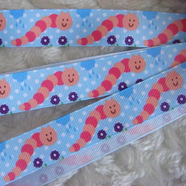 5 Yard 22mm 7/8&quot Grosgrain Ribbon Printed Caterpillars Flower Dot Blue Bottom DIY Hairbow 1570 Gift Wrapping Craft | Дом и сад