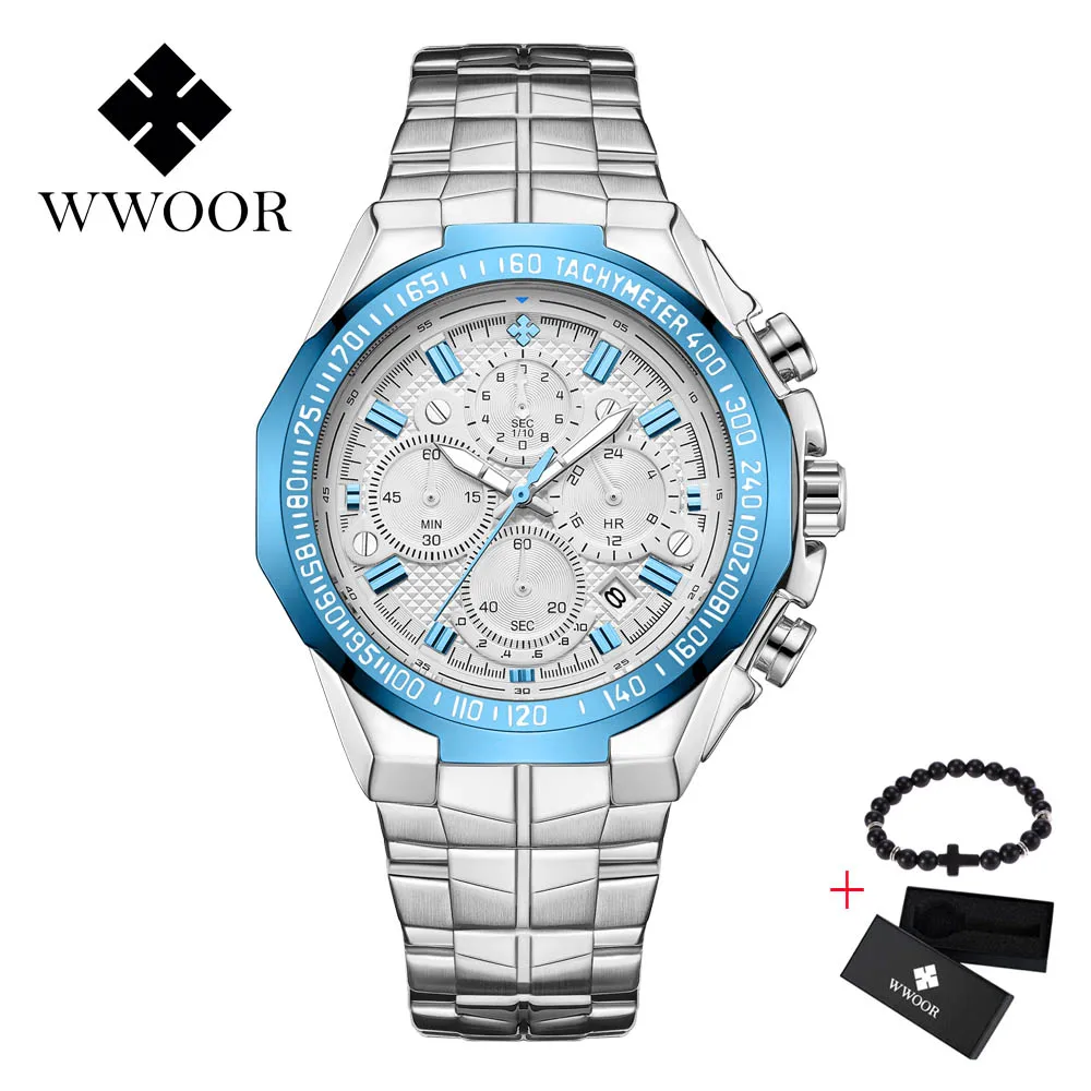 Silver Blue WWOOR Relogio Masculino мужские часы Роскошные Известный Топ бренд Мужская мода Повседневное платье часы военные кварцевые наручные часы золото - Цвет: Silver Blue