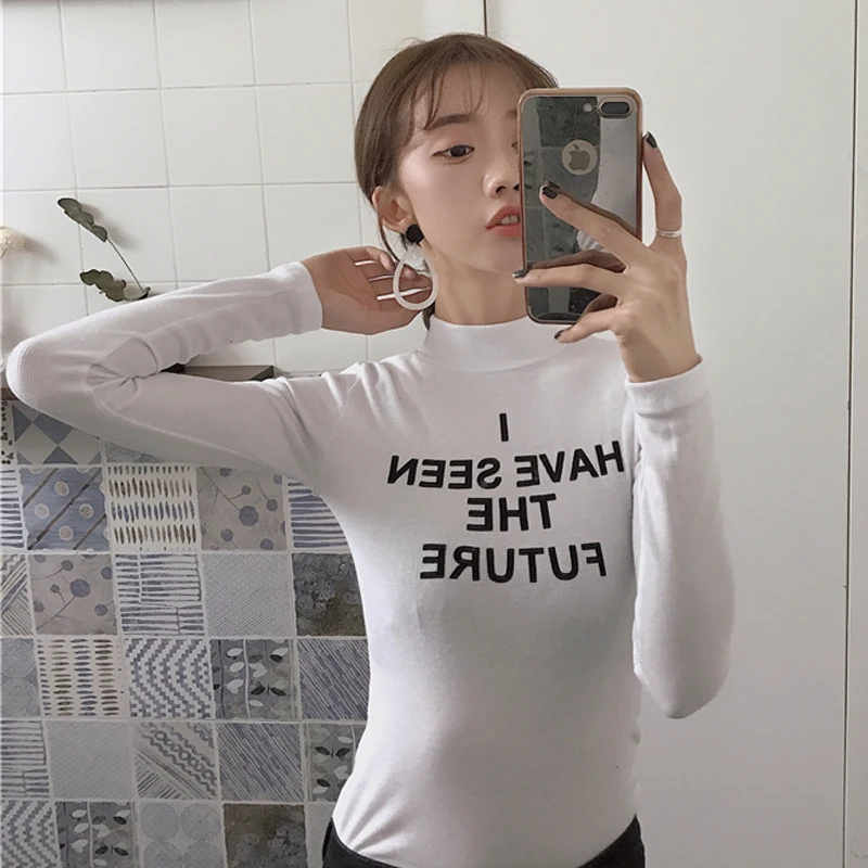 

Turtleneck Cotton T-Shirt Femme Autumn Winter Fashion Letter Print Warm Tee Shirt Women Long Sleeve Elasticity Pullover Womens
