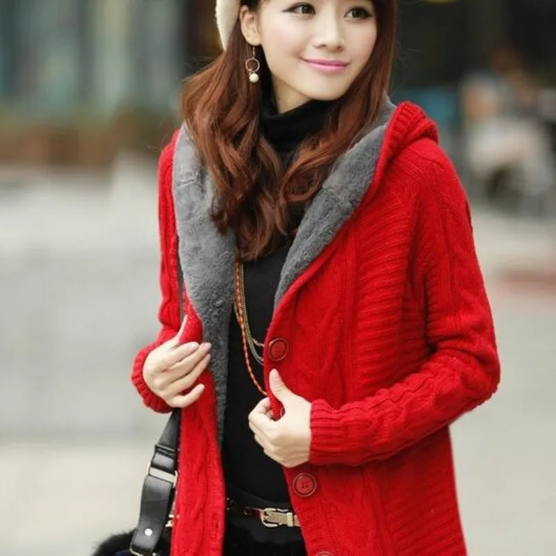 Весенние корейские женские зимние с капюшоном средней длины уплотненный свитер