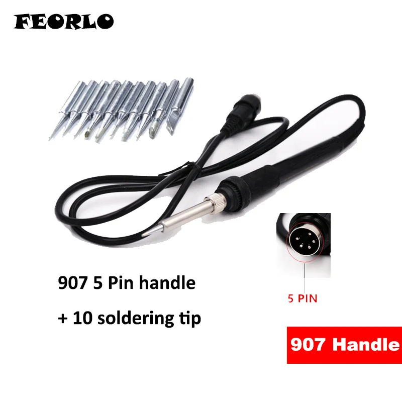 5pin with 10tip FEORLO 5 pin 5/отверстие/7 отверстие 907 паяльная станция ручка утюга с A1322 керамический нагреватель 24 В с 10 наконечниками паяльника - Цвет: 5pin with 10tip
