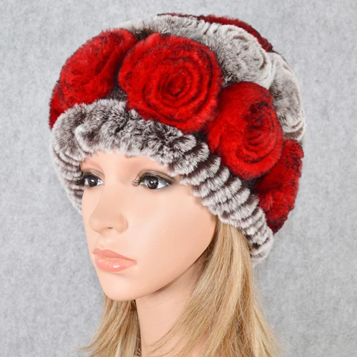 coffee red 2 Зимняя шапка из меха кролика Рекс женская вязаная натуральный мех кролика рекс цветы шапочки шапки Теплый мягкий Настоящий мех кролика шапки - Цвет: coffee red 2