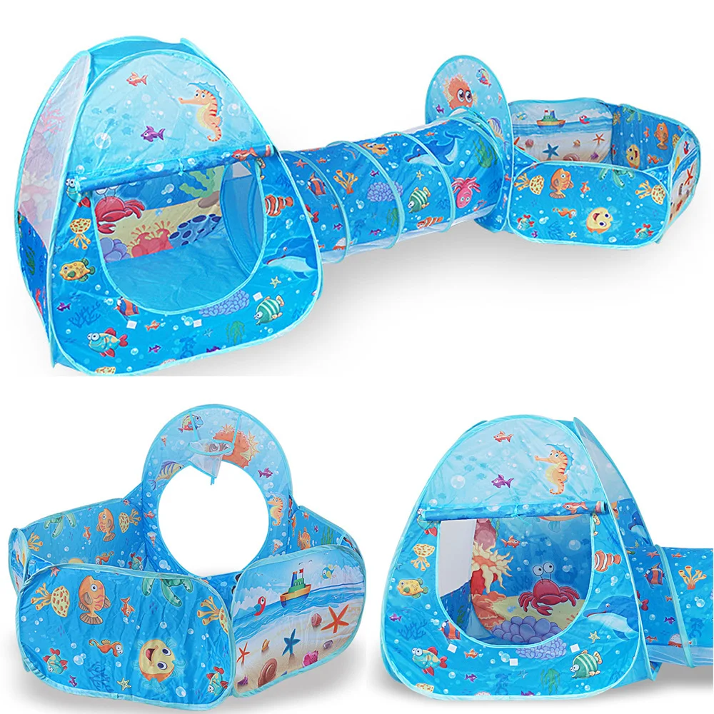 

3 in 1 Foldable Kids Play House Tent Crawling Tunnel + Play Tents + Baby Ocean Ball Pool Cartoon Ocean Series Kids Outdoor Game