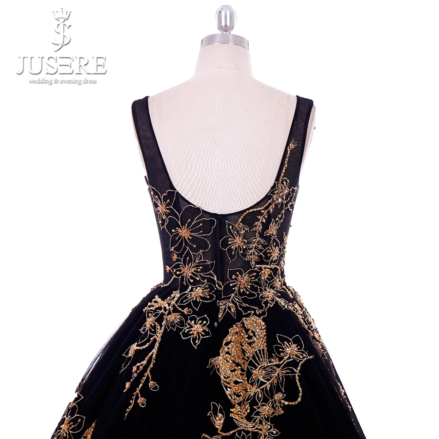 Jusere Real Photos Square Neck Puffy Ball Gown Celebrity Dresses Low Back Golden Embellishment Black Evening Dress Custom