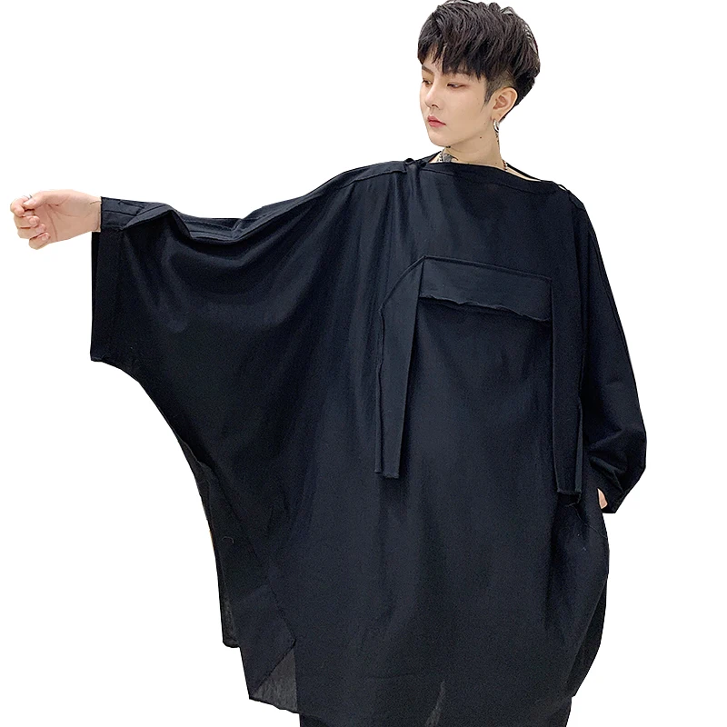 

Male Streetwear Gothic Hip Hop Tees Shirts Cloak Stage Clothes Men Oversized Loose Bat Sleeve T-shirt
