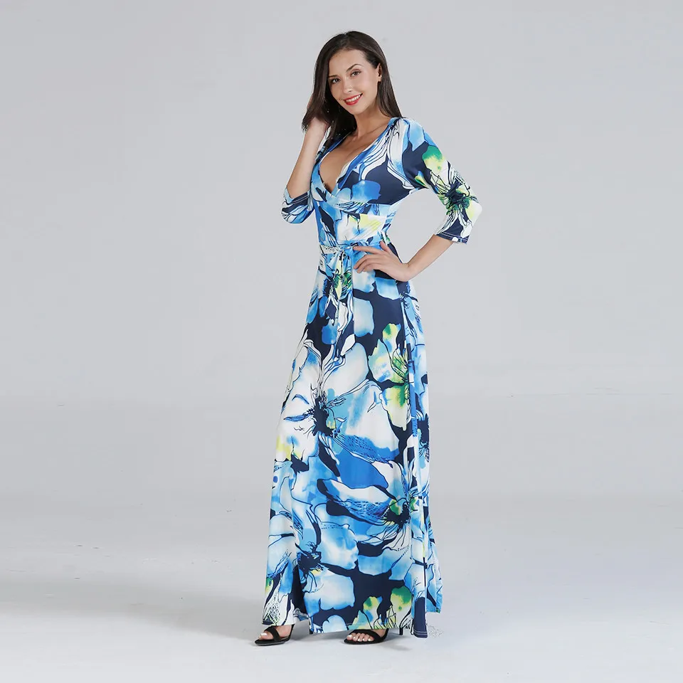 Сексуальное пляжное вечернее платье с богемным принтом длинное v образным